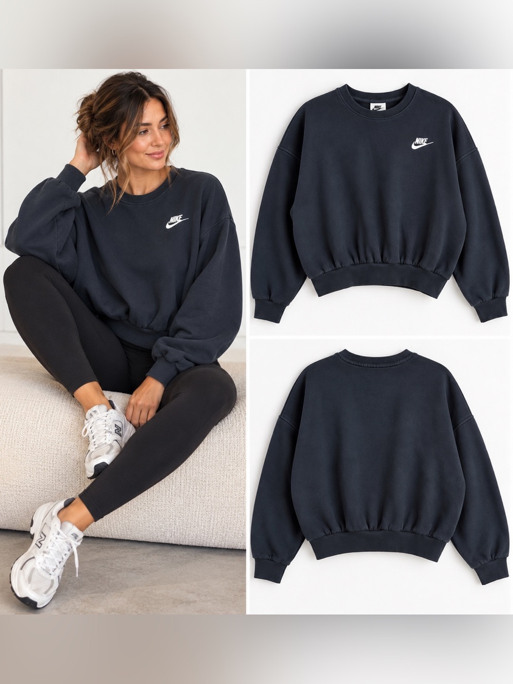 Nike Club Fleece Boxy Crewneck Sweatshirt Girls’ XL Oversized Women’s S/M Black